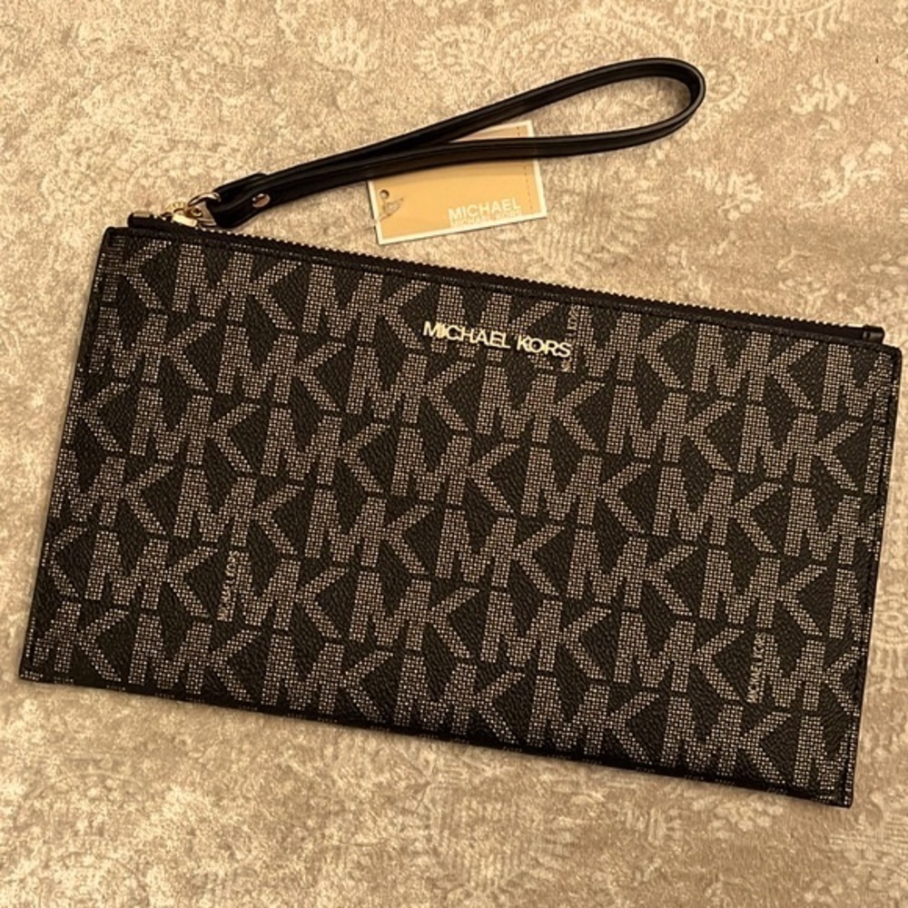 Brand New Michael Kors Large Zippered Clutch Wristlet Black & Gold Jet Set - Picture 2 of 15